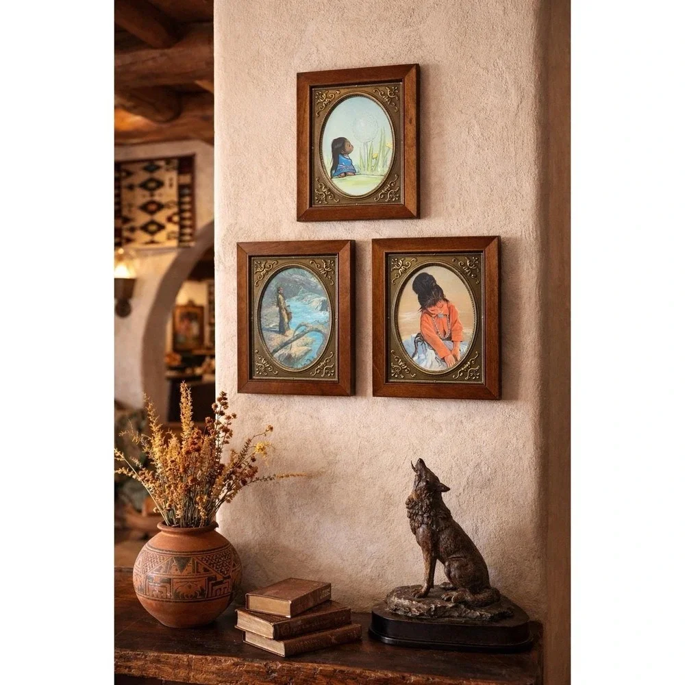 Set‎ 3 VTG Style Framed Prints Southwestern Girls Wood Brass Frame 9.75x7.75